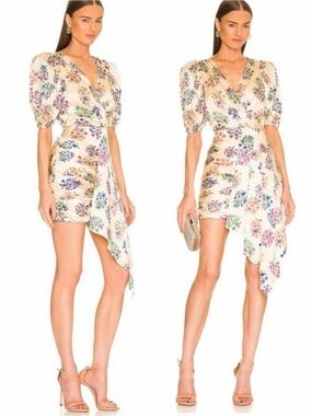 RONNY KOBO Monica Silk Floral Print Ruched  Waist Short Sleeve V Neck Mini Dress